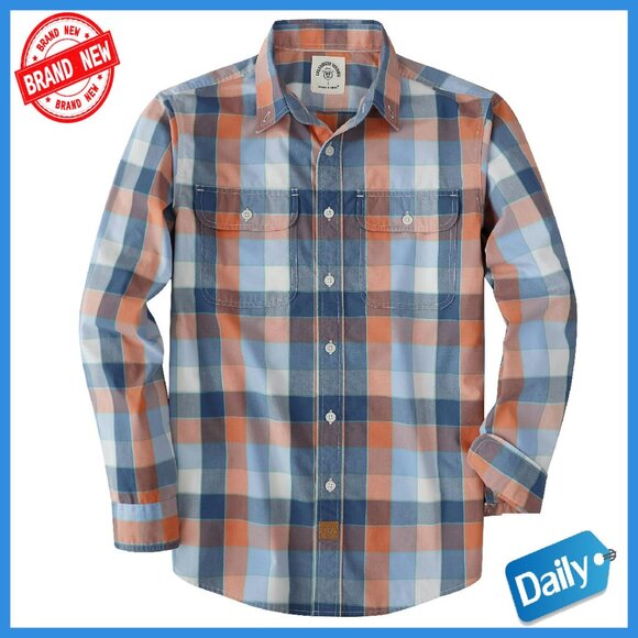 Men's Long Sleeve Button Down Plaid Shirt with Double Pockets